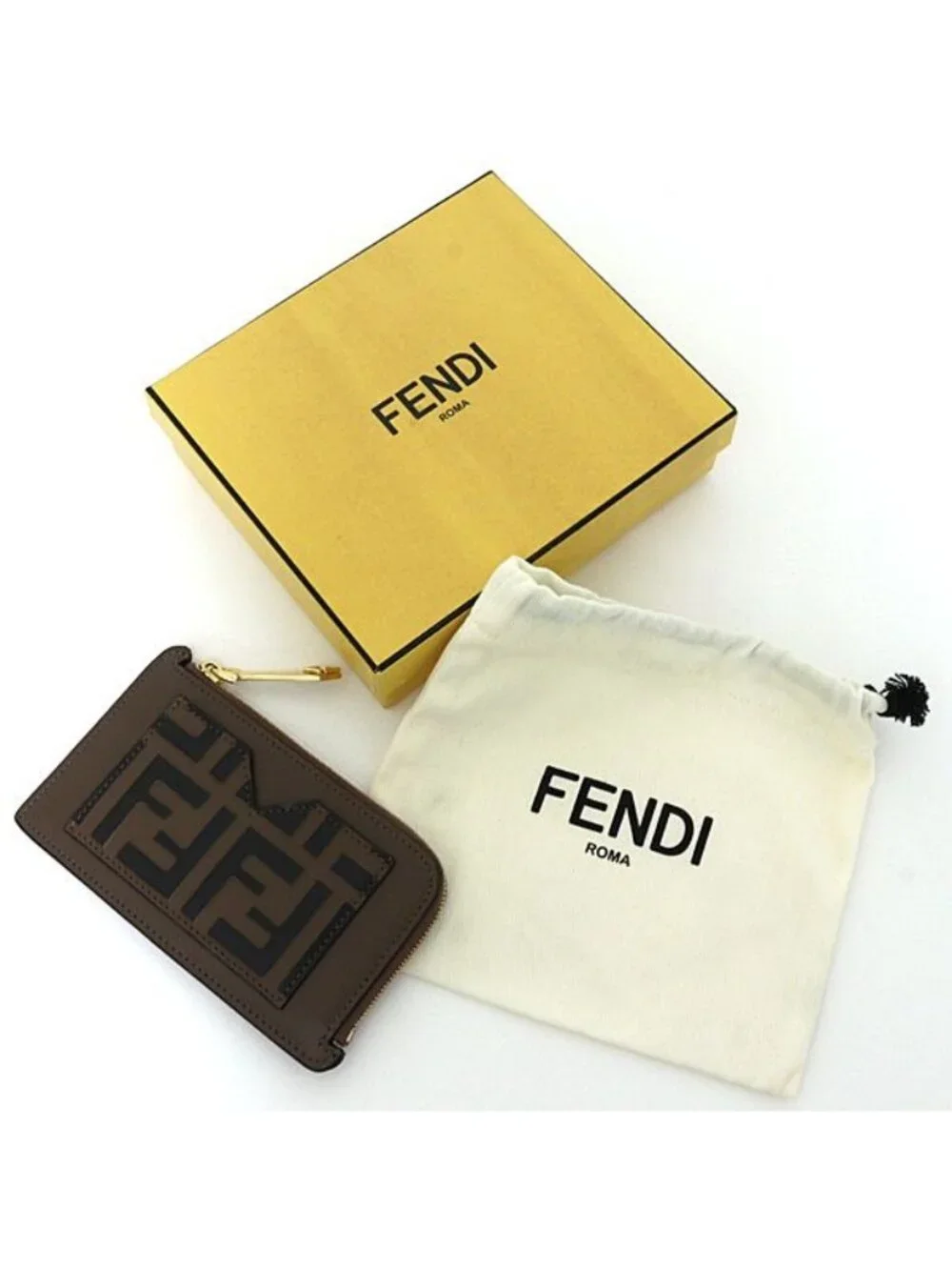 Fendi FF Diamond Card Slot Zucca Pattern Fragment Case Coin Purse Leather Brown